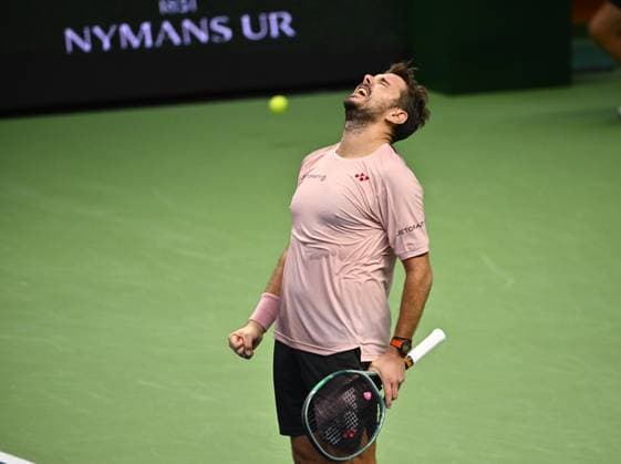 STOCKHOLM, SWEDEN 20241018 Stan Wawrinka, Switzerland, celebrates after winning the quarter-final BNP Paribas Nordic Open ATP, Tennis Herren tennis match against Andrei Rublev, playing under a neutral flag, at the Royal Tennis Hall, in Stockholm, Sweden, on Oct. 18, 2024. STOCKHOLM SWEDEN x10040x