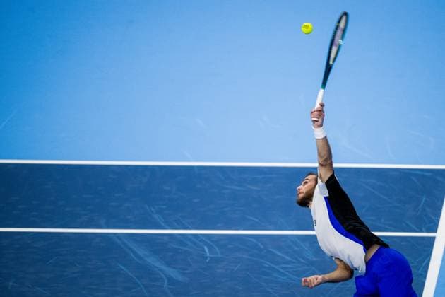 French Hugo Gaston pictured in action during a tennis match in the quarter finals of the singles competition at the ATP, Tennis Herren European Open Tennis tournament in Antwerp, Friday 18 October 2024. JASPERxJACOBS  x102879193x