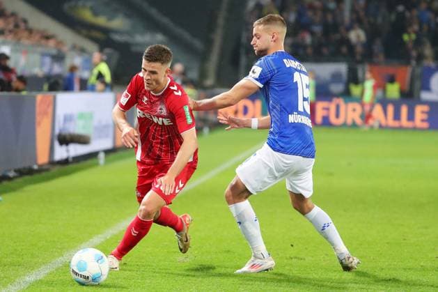 18.10.2024, xtvx, Fussball 2.Bundesliga, SV Darmstadt 98 - 1.FC Köln emspor, v.l. Zweikampf, Duell, duel, tackle, compete Rasmus Carstensen (1. FC Koeln) Fabian Nuernberger (SV Darmstadt 98) (DFL DFB REGULATIONS PROHIBIT ANY USE OF PHOTOGRAPHS as IMAGE SEQUENCES and or QUASI-VIDEO) Darmstadt