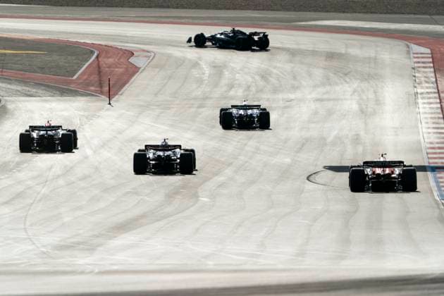 Formula One cars are seen before the last turn during sprint qualifying for the Formula One United States Grand Prix at the Circuit of the Americas in Austin, Texas on Friday, October 18, 2024.  AUS2024101852 GREGxNASH