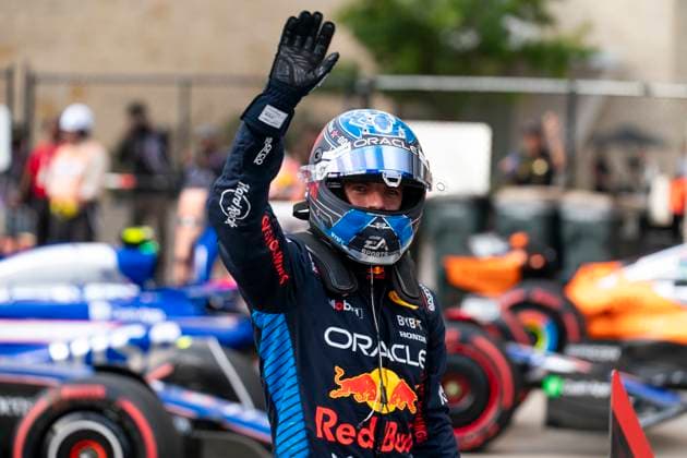 Dutch Formula One driver Max Verstappen of Red Bull Racing waves to the crowd after claiming pole in sprint qualifying for the Formula One United States Grand Prix at the Circuit of the Americas in Austin, Texas on Friday, October 18, 2024.  AUS2024101863 GREGxNASH