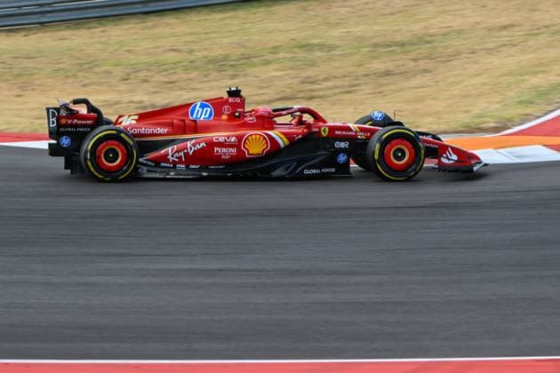 AUSTIN, TX - OCTOBER 18: Scuderia Ferrari driver Charles Leclerc (16) of Monaco makes his way through turn 1 during the Sprint qualifying session of the Formula 1 Pirelli United States Grand Prix on October 18, 2024, at Circuit of The Americas in Austin, Texas. (Photo by Ken Murray Icon Sportswire) AUTO: OCT 18 F1 Pirelli United States Grand Prix EDITORIAL USE ONLY Icon241018022