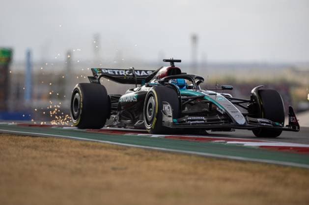 AUSTIN, TX - OCTOBER 18: George Russell (63) of United Kingdom and team Mercedes-AMG Petronas F1 Team drives during Sprint Qualifying at the Formula 1 Pirelli United States Grand Prix on October 18, 2024 at the Circuit of The Americas in Austin, TX. (Photo by Bob Kupbens Icon Sportswire) AUTO: OCT 18 F1 Pirelli United States Grand Prix EDITORIAL USE ONLY Icon2410183561