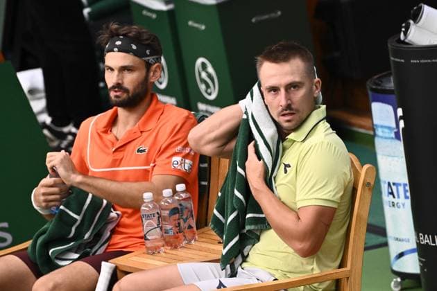 STOCKHOLM, SVERIGE 20241019 Petr Nouza och Patrik Rikl, Tjeckien, i semifinal i BNP Paribas Nordic Open mot Hugo Nys, Monaco, och Jan Zielinski, Polen, i Kungliga tennishallen. STOCKHOLM SVERIGE x10090x