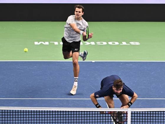 STOCKHOLM, SVERIGE 20241019 Petr Nouza och Patrik Rikl, Tjeckien, i semifinal i BNP Paribas Nordic Open mot Hugo Nys, Monaco, och Jan Zielinski, Polen, i Kungliga tennishallen. STOCKHOLM SVERIGE x10090x