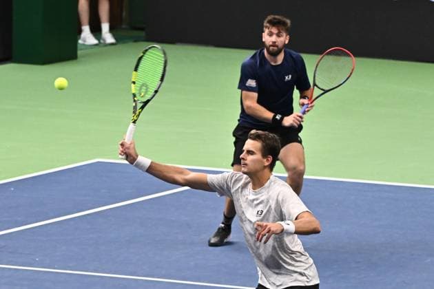 STOCKHOLM, SVERIGE 20241019 Petr Nouza och Patrik Rikl, Tjeckien, i semifinal i BNP Paribas Nordic Open mot Hugo Nys, Monaco, och Jan Zielinski, Polen, i Kungliga tennishallen. STOCKHOLM SVERIGE x10090x