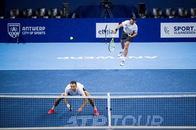 Robert Galloway and Kazach Aleksandr Nedovyesov pictured in action during a tennis match in the semi finals of the doubles competition at the ATP, Tennis Herren European Open Tennis tournament in Antwerp, Saturday 19 October 2024. JASPERxJACOBS  x102959855x