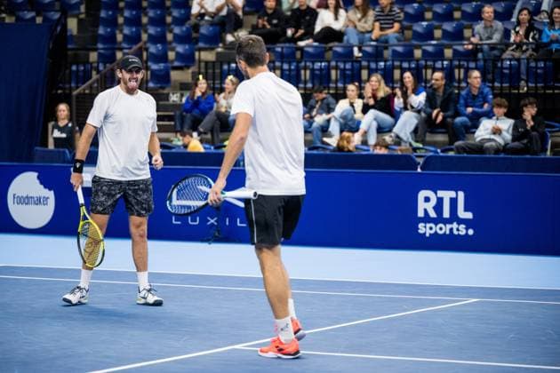 Kazach Aleksandr Nedovyesov and Robert Galloway pictured in action during a tennis match in the semi finals of the doubles competition at the ATP, Tennis Herren European Open Tennis tournament in Antwerp, Saturday 19 October 2024. JASPERxJACOBS  x102959868x