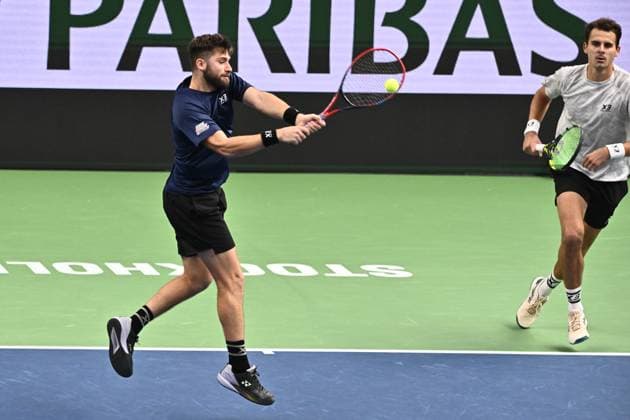 STOCKHOLM, SVERIGE 20241019 Patrik Rikl och Petr Nouza, Tjeckien i semifinal i BNP Paribas Nordic Open mot Hugo Nys, Monaco, och Jan Zielinski, Polen, i Kungliga tennishallen. STOCKHOLM SVERIGE x10090x