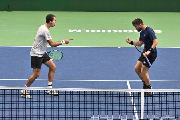 STOCKHOLM, SWEDEN 20241019 Petr Nouza (L) and Patrik Rikl of Czech Republic celebrate during the semi final BNP Paribas Nordic Open ATP, Tennis Herren doubles tennis match against Jan Zielinski of Poland and Hugo Nys of Monaco at the Royal Tennis Hall, in Stockholm, Sweden, on Oct. 19, 2024. STOCKHOLM SWEDEN x10090x