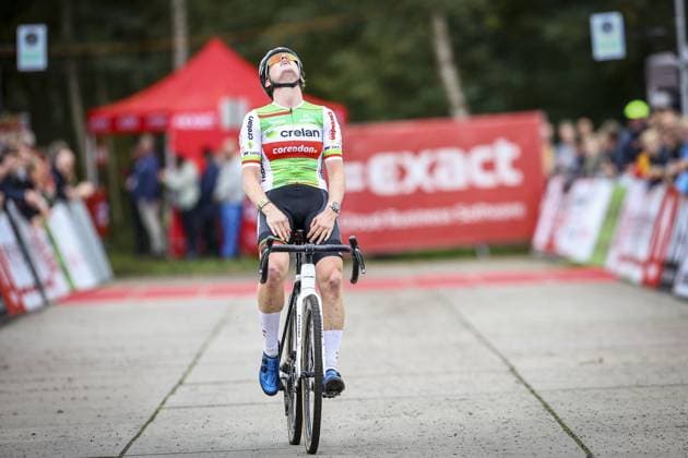 Belgian Marion Norbert Riberolle celebrates as she crosses the finish line at the women s elite race of the Exact Cross Essen, stage 2 (out of 6) in the Exact Cross cyclocross competition, Saturday 19 October 2024, in Essen. KRISTOFxVANxACCOM  x102963821x
