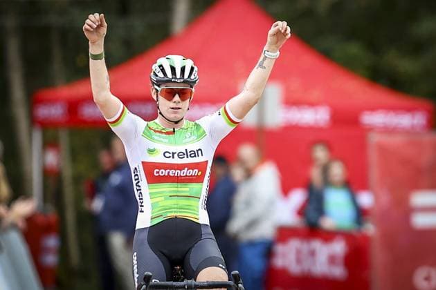 Belgian Marion Norbert Riberolle celebrates as she crosses the finish line at the women s elite race of the Exact Cross Essen, stage 2 (out of 6) in the Exact Cross cyclocross competition, Saturday 19 October 2024, in Essen. KRISTOFxVANxACCOM  x102964537x