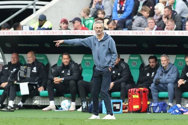 19.10.2024, xtgx, Fussball 2. Bundesliga, Hannover 96 - FC Schalke 04 emspor, v.l. Kees van Wonderen (Schalke, Trainer) gibt Anweisungen, gestikuliert mit den Armen, gesticulate, gives instructions (DFL DFB REGULATIONS PROHIBIT ANY USE OF PHOTOGRAPHS as IMAGE SEQUENCES and or QUASI-VIDEO) Hannover