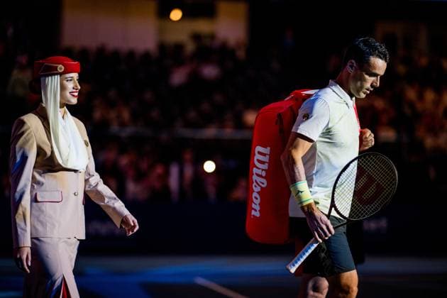 Spanish Roberto Bautista-Agut pictured at the start of a tennis match in the semi finals of the singles competition at the ATP, Tennis Herren European Open Tennis tournament in Antwerp, Saturday 19 October 2024. JASPERxJACOBS  x102968859x