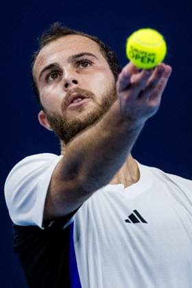 French Hugo Gaston pictured in action during a tennis match in the semi finals of the singles competition at the ATP, Tennis Herren European Open Tennis tournament in Antwerp, Saturday 19 October 2024. JASPERxJACOBS  x102985683x