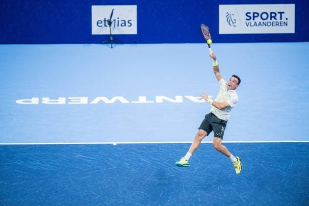 Spanish Roberto Bautista-Agut pictured in action during a tennis match in the semi finals of the singles competition at the ATP, Tennis Herren European Open Tennis tournament in Antwerp, Saturday 19 October 2024. JASPERxJACOBS  x102985690x