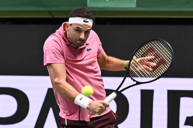 STOCKHOLM, SWEDEN 20241019 Grigor Dimitrov of Bulgaria in action during the semi final BNP Paribas Nordic Open ATP, Tennis Herren tennis singles match against Tallon Griekspoor of the Netherlands at the Royal Tennis Hall, in Stockholm, Sweden, on Oct. 19, 2024. STOCKHOLM SWEDEN x10090x
