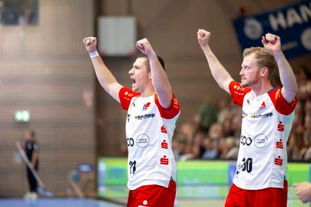 Jerome Mueller (Nr. 21, HBW Balingen-Weilstetten) freut sich jubelt. VfL Luebeck-Schwartau vs. HBW Balingen-Weilstetten, Handball, 2. Bundesliga, 19.10.24 Luebeck Schleswig-Holstein Germany