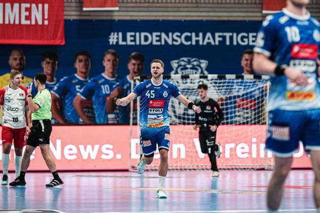 Torjubel Jan-Eric Speckmann (VfL Luebeck-Schwartau, 45) GER, VfL Luebeck-Schwartau vs. HBW Balingen-Weilstetten, Handball, 2. Bundesliga, Spieltag 7, Saison 2024 2025, 19.10.2024 GER, VfL Luebeck-Schwartau vs. HBW Balingen-Weilstetten, Handball, 2. Bundesliga, Spieltag 7, Saison 2024 2025, 19.10.2024 Luebeck