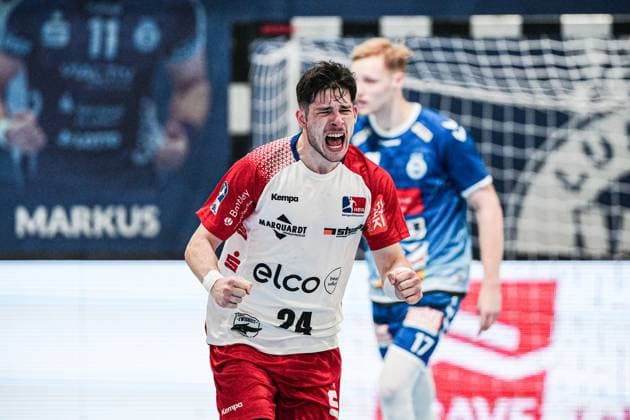 Torjubel Elias Fuegel (HBW Balingen-Weilstetten, 24) GER, VfL Luebeck-Schwartau vs. HBW Balingen-Weilstetten, Handball, 2. Bundesliga, Spieltag 7, Saison 2024 2025, 19.10.2024 GER, VfL Luebeck-Schwartau vs. HBW Balingen-Weilstetten, Handball, 2. Bundesliga, Spieltag 7, Saison 2024 2025, 19.10.2024 Luebeck