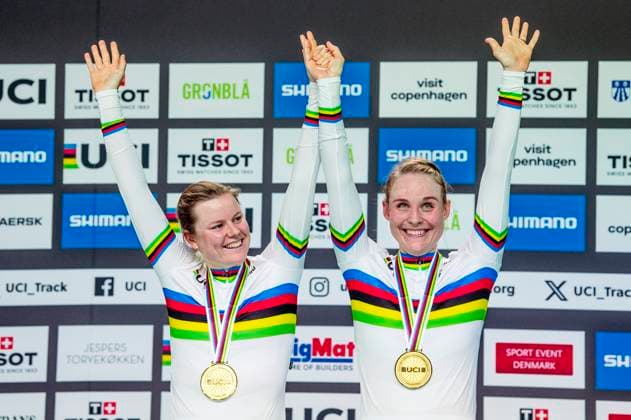 241019 Amalie Dideriksen of Denmark and Julie Leth of Denmark celebrates after Women s Madison during day 4 of the 2024 UCI Tissot Track cycling, Rad, Radsport, Bahnrad, Bahn World Championships on October 19, 2024 in Ballerup. Photo: Christian Örnberg BILDBYRAN COP 166 CO0481 cykling cycling sykling cykel vm cykel2024 uci tissot track cycling world championships wc 2024 uci tissot track cycling world championships 4 bbeng grappa33 Copyright: CHRISTIANxÖRNBERG BB241019CO091