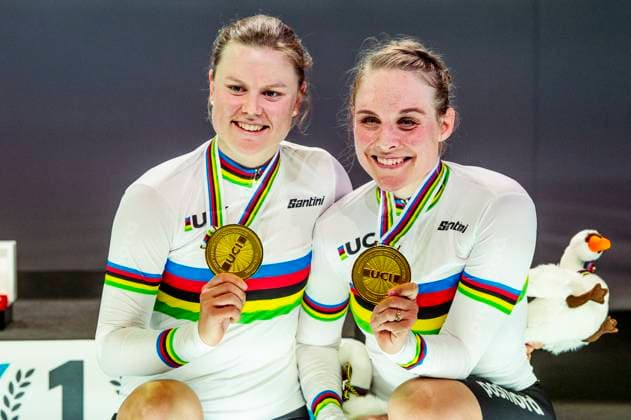 241019 Amalie Dideriksen of Denmark and Julie Leth of Denmark celebrates after Women s Madison during day 4 of the 2024 UCI Tissot Track cycling, Rad, Radsport, Bahnrad, Bahn World Championships on October 19, 2024 in Ballerup. Photo: Christian Örnberg BILDBYRAN COP 166 CO0481 cykling cycling sykling cykel vm cykel2024 uci tissot track cycling world championships wc 2024 uci tissot track cycling world championships 4 bbeng grappa33 Copyright: CHRISTIANxÖRNBERG BB241019CO097