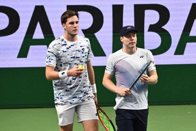 STOCKHOLM, SWEDEN 20241019 Harri Helivaara (R) of Finland and Henry Patten (L) of Great Britain in action during the semi final BNP Paribas Nordic Open ATP, Tennis Herren tennis doubles match against Tallon Griekspoor and Bart Stevens of the Netherlands at the Royal Tennis Hall, in Stockholm, Sweden, on Oct. 19, 2024. STOCKHOLM SWEDEN x10090x