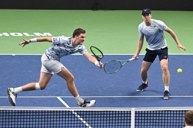 STOCKHOLM, SWEDEN 20241019 Henry Patten (L) of Great Britain and Harri Helivaara of Finland in action during the semi final BNP Paribas Nordic Open ATP, Tennis Herren tennis doubles match against Tallon Griekspoor and Bart Stevens of the Netherlands at the Royal Tennis Hall, in Stockholm, Sweden, on Oct. 19, 2024. STOCKHOLM SWEDEN x10090x