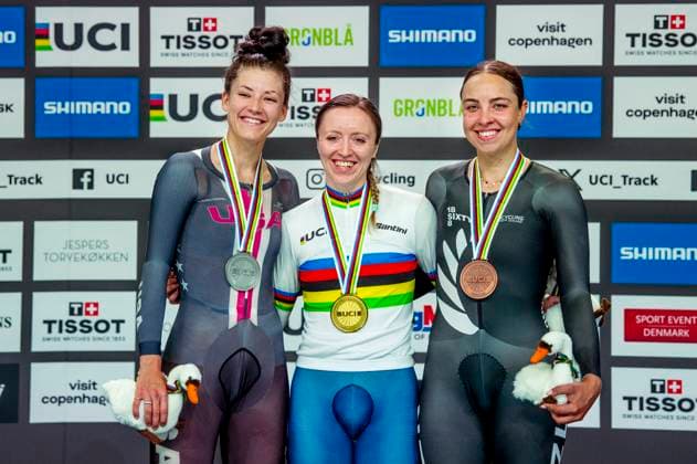 241019 Chloe Dygert of United States, Anna Morris of Great Britain and Bryony Botha of New Zealand celebrates after Women s Individual Pursuit Final during day 4 of the 2024 UCI Tissot Track cycling, Rad, Radsport, Bahnrad, Bahn World Championships on October 19, 2024 in Ballerup. Photo: Christian Örnberg BILDBYRAN COP 166 CO0481 cykling cycling sykling cykel vm cykel2024 uci tissot track cycling world championships wc 2024 uci tissot track cycling world championships 4 bbeng grappa33 Copyright: CHRISTIANxÖRNBERG BB241019CO148