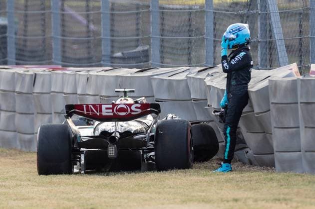 AUSTIN, TX - OCTOBER 19: George Russell (63) of United Kingdom and team Mercedes-AMG Petronas F1 Team after sliding off the course during qualifying for the Formula 1 Pirelli United States Grand Prix on October 19, 2024 at the Circuit of The Americas in Austin, TX. (Photo by Bob Kupbens Icon Sportswire) AUTO: OCT 19 F1 Pirelli United States Grand Prix EDITORIAL USE ONLY Icon2410192661