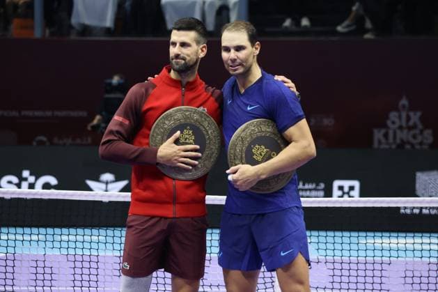 Sport Themen der Woche KW42 (241020) -- RIYADH, Oct. 20, 2024 -- Novak Djokovic (L) of Serbia and Rafael Nadal of Spain pose with their trophies during the awarding ceremony after their third-place match at Saudi Arabia s 6 Kings Slam exhibition tennis tournament in Riyadh, Saudi Arabia, Oct. 19, 2024. ) (SP)SAUDI ARABIA-RIYADH-TENNIS-6 KINGS SLAM-EXHIBITION TOURNAMENT LuoxChen 