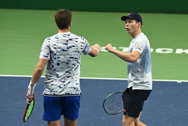 STOCKHOLM, SWEDEN 20241020 Henry Patten of Great Britain and Harri Heliovaara of Finland in action during the final BNP Paribas Nordic Open ATP, Tennis Herren tennis doubles match against Petr Nouza and Patrik Rikl of Czech Republic at the Royal Tennis Hall, in Stockholm, Sweden, on Oct. 20, 2024. STOCKHOLM SWEDEN x10090x