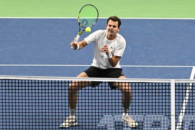 STOCKHOLM, SVERIGE 20241020 Harri Heliövaara Finland, och Henry Patten, Storbritannien, i dubbelfinal mot Petr Nouza och Patrik Rikl, Tjeckien, under tennisturneringen BNP Paribas Nordic Open i Kungliga tennishallen. STOCKHOLM SVERIGE x10090x