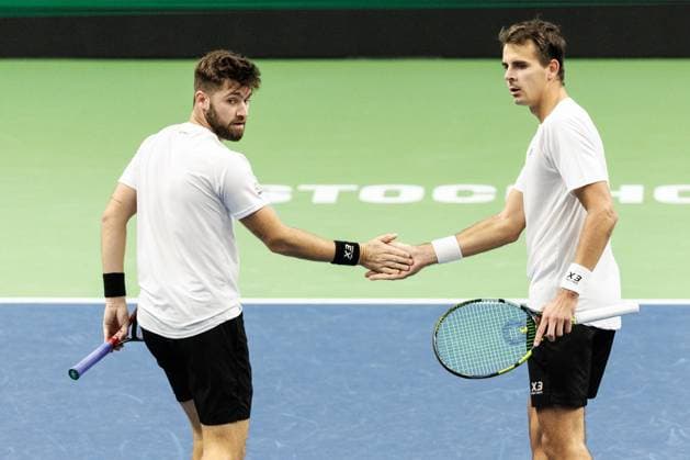 241020 Petr Nouza of and Patrik Rikl of Czech Republic celebrate while competing in the men™s double final during day 9 of the ATP, Tennis Herren 250 Nordic Open on October 20, 2024 in Stockholm. Photo: Michael Campanella BILDBYRAN COP 313 MC0109 tennis atp 250 nordic open day 9 finals bbeng jubel Copyright: MICHAELxCAMPANELLA BB241020MC003
