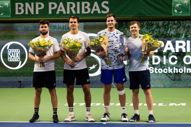 241020 Second place Patrik Rikl and Petr Nouza of Czech Republic and first place winner™s Henry Patten of the United Kingdom and Harri Heliövaara of Finland pose for a picture after the Men™s Doubles final on day 9 of the ATP, Tennis Herren 250 Nordic Open on October 20, 2024 in Stockholm. Photo: Michael Campanella BILDBYRAN COP 313 MC0109 tennis atp 250 nordic open day 9 finals bbeng Copyright: MICHAELxCAMPANELLA BB241020MC045