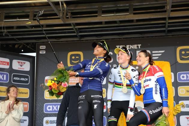 Dutch Ceylin Del Carmen Alvarado, Dutch Fem Van Empel, Dutch Lucinda Brand and pictured on the podium after the women elite race of the Cyclocross Ruddervoorde, Sunday 20 October 2024 in Oostkamp, the first stage of the Superprestige cyclocross cycling competition. KURTxDESPLENTER  x103089822x
