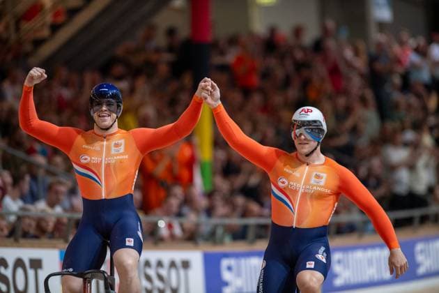 2024-10-20 2024 Tissot UCI Track World Championships - Day 5 BALLERUP, DENMARK - OCTOBER 20: Harrie Lavreysen of the Netherlands, Jeffrey Hoogland of the Netherlands during Day 5 of the 2024 Tissot UCI Track World Championships at Ballerup Super Arena on October 20, 2024 in Ballerup, Denmark. (Photo by Arne Mill BSR Agency) Ballerup Denmark Content not available for redistribution in The Netherlands directly or indirectly through any third parties. Copyright: xBSRxAgencyx