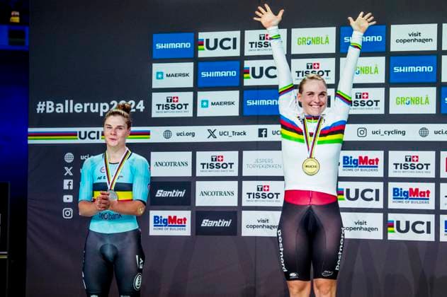 241020 Lotte Kopecky of Belgium and Julie Leth of Denmark celebrates after Women s Points Race during day 5 of the 2024 UCI Tissot Track cycling, Rad, Radsport, Bahnrad, Bahn World Championships on October 20, 2024 in Ballerup. Photo: Christian Örnberg BILDBYRAN COP 166 CO0482 cykling cycling sykling cykel vm cykel2024 uci tissot track cycling world championships wc 2024 uci tissot track cycling world championships 5 bbeng grappa33 jubel Copyright: CHRISTIANxÖRNBERG BB241020CO025