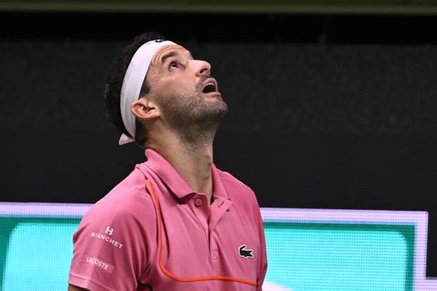 STOCKHOLM, SWEDEN 20241020 Grigor Dimitrov of Bulgaria reacts during the final BNP Paribas Nordic Open ATP, Tennis Herren tennis singles match against Tommy Paul of USA at the Royal Tennis Hall, in Stockholm, Sweden, on Oct. 20, 2024. STOCKHOLM SWEDEN x10090x