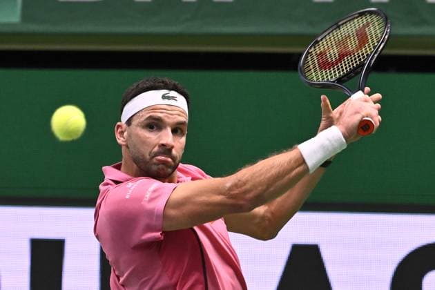 STOCKHOLM, SWEDEN 20241020 Grigor Dimitrov of Bulgaria in action during the final BNP Paribas Nordic Open ATP, Tennis Herren tennis singles match against Tommy Paul of USA at the Royal Tennis Hall, in Stockholm, Sweden, on Oct. 20, 2024. STOCKHOLM SWEDEN x10090x