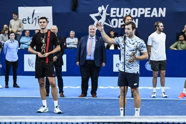 Austrian Alexander Erler and Austrian Lucas Miedler celebrate after winning a tennis match in the finals of the doubles competition at the ATP, Tennis Herren European Open Tennis tournament in Antwerp, Sunday 20 October 2024. TOM GOYVAERTS TomxGoyvaerts  x103096189x