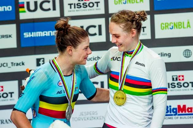 241020 Lotte Kopecky of Belgium and Julie Leth of Denmark celebrates after Women s Points Race during day 5 of the 2024 UCI Tissot Track cycling, Rad, Radsport, Bahnrad, Bahn World Championships on October 20, 2024 in Ballerup. Photo: Christian Örnberg BILDBYRAN COP 166 CO0482 cykling cycling sykling cykel vm cykel2024 uci tissot track cycling world championships wc 2024 uci tissot track cycling world championships 5 bbeng grappa33 jubel Copyright: CHRISTIANxÖRNBERG BB241020CO030