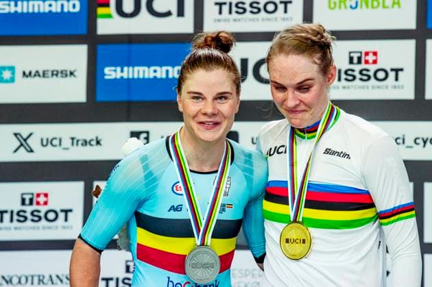 241020 Lotte Kopecky of Belgium and Julie Leth of Denmark celebrates after Women s Points Race during day 5 of the 2024 UCI Tissot Track cycling, Rad, Radsport, Bahnrad, Bahn World Championships on October 20, 2024 in Ballerup. Photo: Christian Örnberg BILDBYRAN COP 166 CO0482 cykling cycling sykling cykel vm cykel2024 uci tissot track cycling world championships wc 2024 uci tissot track cycling world championships 5 bbeng grappa33 jubel Copyright: CHRISTIANxÖRNBERG BB241020CO031