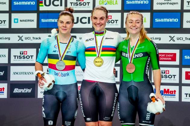 241020 Lotte Kopecky of Belgium, Julie Leth of Denmark and Lara Gillespie of Ireland celebrates after Women s Points Race during day 5 of the 2024 UCI Tissot Track cycling, Rad, Radsport, Bahnrad, Bahn World Championships on October 20, 2024 in Ballerup. Photo: Christian Örnberg BILDBYRAN COP 166 CO0482 cykling cycling sykling cykel vm cykel2024 uci tissot track cycling world championships wc 2024 uci tissot track cycling world championships 5 bbeng grappa33 jubel Copyright: CHRISTIANxÖRNBERG BB241020CO032