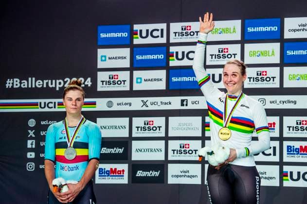 241020 Lotte Kopecky of Belgium and Julie Leth of Denmark celebrates after Women s Points Race during day 5 of the 2024 UCI Tissot Track cycling, Rad, Radsport, Bahnrad, Bahn World Championships on October 20, 2024 in Ballerup. Photo: Christian Örnberg BILDBYRAN COP 166 CO0482 cykling cycling sykling cykel vm cykel2024 uci tissot track cycling world championships wc 2024 uci tissot track cycling world championships 5 bbeng grappa33 jubel Copyright: CHRISTIANxÖRNBERG BB241020CO036