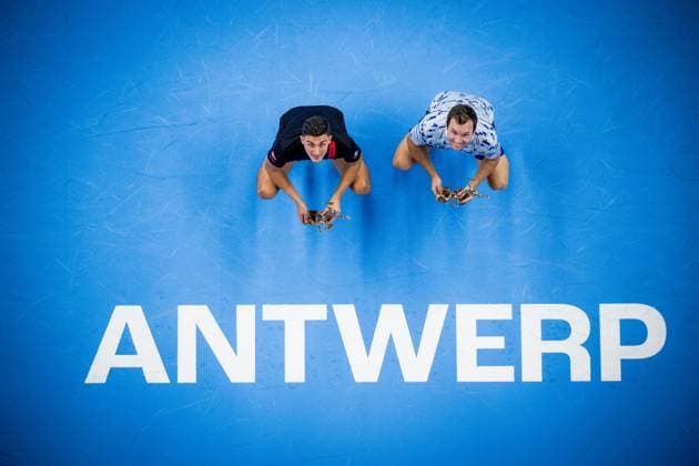 Sport Bilder des Tages Austrian Alexander Erler and Austrian Lucas Miedler celebrate after winning a tennis match in the finals of the doubles competition at the ATP, Tennis Herren European Open Tennis tournament in Antwerp, Sunday 20 October 2024. JASPERxJACOBS  x103096368x