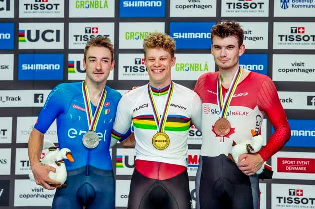 241020 Elia Viviani of Italy, Tobias Aagaard Hansen of Denmark and Dylan Bibic of Canada celebrates after Men s Elimination Race during day 5 of the 2024 UCI Tissot Track cycling, Rad, Radsport, Bahnrad, Bahn World Championships on October 20, 2024 in Ballerup. Photo: Christian Örnberg BILDBYRAN COP 166 CO0482 cykling cycling sykling cykel vm cykel2024 uci tissot track cycling world championships wc 2024 uci tissot track cycling world championships 5 bbeng grappa33 Copyright: CHRISTIANxÖRNBERG BB241020CO042