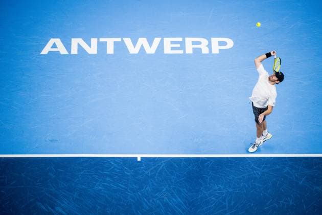 Robert Galloway pictured in action during a tennis match in the finals of the doubles competition at the ATP, Tennis Herren European Open Tennis tournament in Antwerp, Sunday 20 October 2024. JASPERxJACOBS  x103096464x