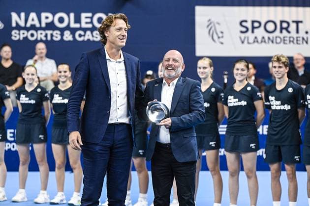 European Open tournament director Dick Norman and the umpire pictured after a tennis match in the finals of the doubles competition at the ATP, Tennis Herren European Open Tennis tournament in Antwerp, Sunday 20 October 2024. TOM GOYVAERTS TomxGoyvaerts  x103096653x