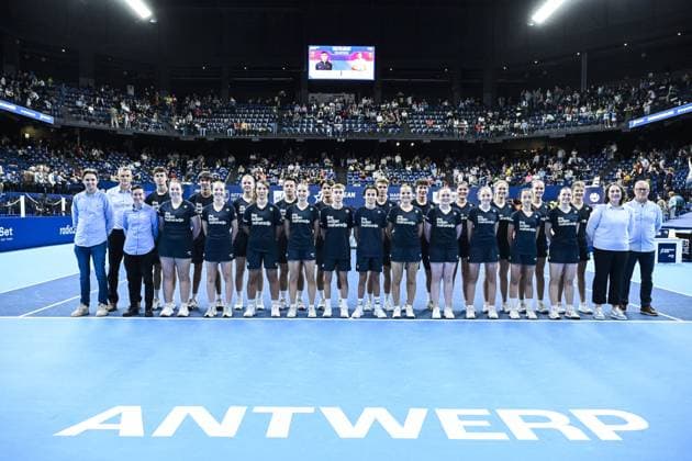 Ball girls, ball boys and members of the organization pose after a tennis match in the finals of the doubles competition at the ATP, Tennis Herren European Open Tennis tournament in Antwerp, Sunday 20 October 2024. TOM GOYVAERTS TomxGoyvaerts  x103096943x